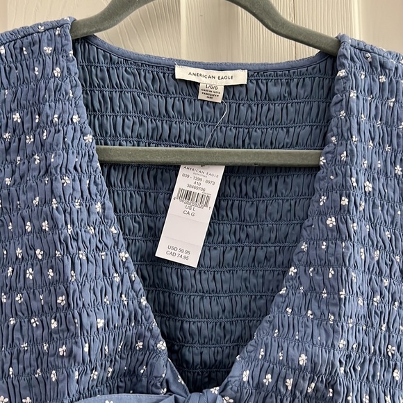 NWT American Eagle Blue and White Daisy Floral Tie Front Smocked Dress Sz Large - Picture 7 of 9